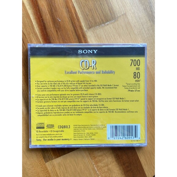 Sony CD-R 700 MB 80-min 1x-48x High Speed NEW & SEALED - Picture 2 of 2